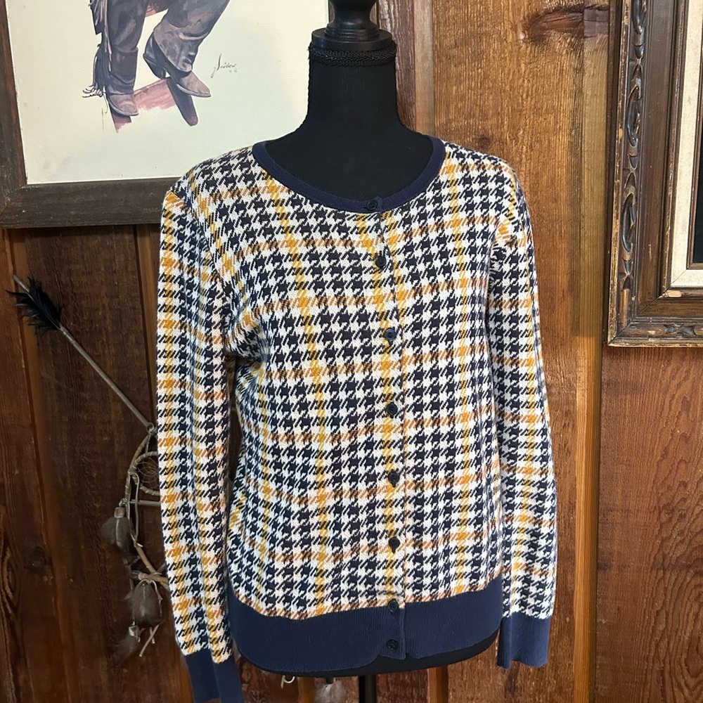 Ann Taylor Factory Houndstooth Cotton  Cardigan Old Money Preppy Quiet Luxury M